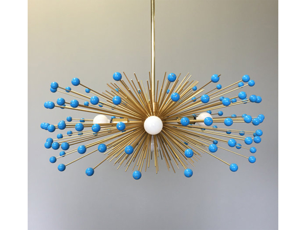 5-Bulb Brass Turquoise Beaded Urchin Chandelier Lighting