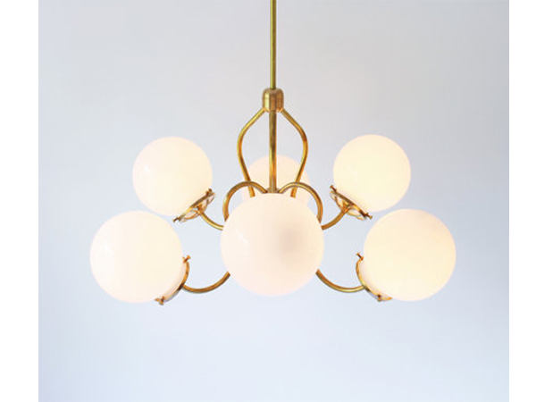 6 White Glass Globes on Fluted Pendant