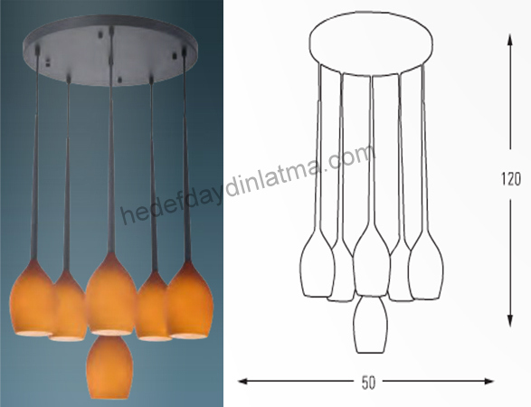 6'lı Turuncu Opal Camlı Avize